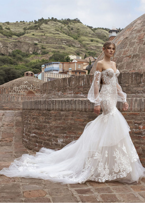 Strapless Ivory Lace Tulle Modern Wedding Dress